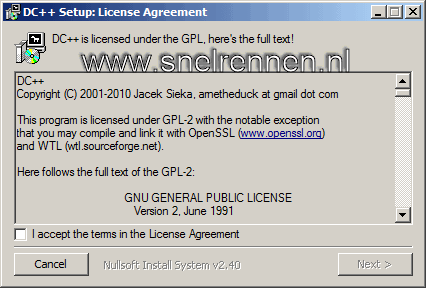 DC++ setup: license agreement