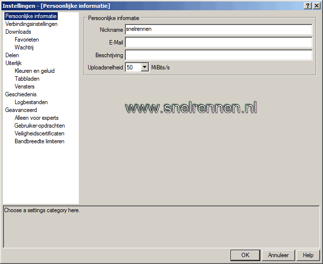 DC++ Instellingen : persoonlijke informatie