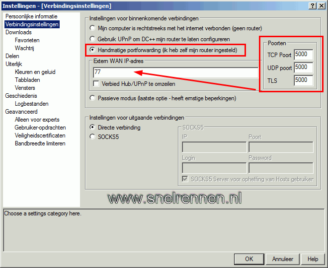 DC++ Instellingen : Verbindings instellingen