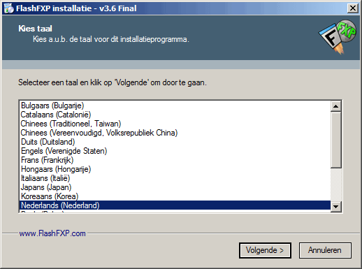 FlashFXP installatie programma, taal kiezen