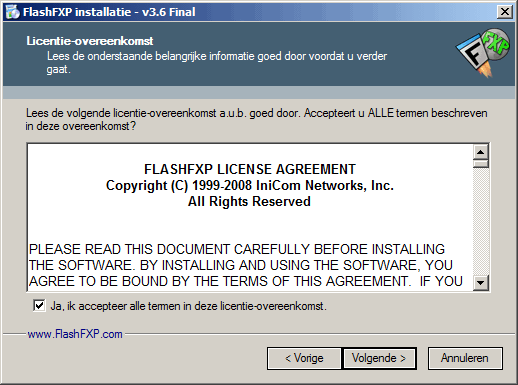 FlashFXP installatie programma, licentie overeenkomst