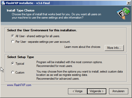 FlashFXP installatie programma, selecteer installatie type