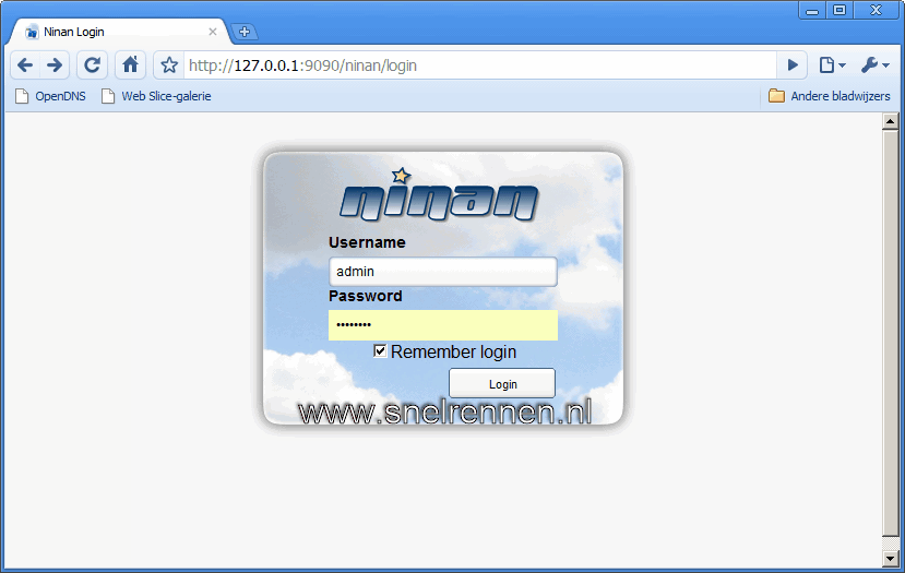 Ninan, inlogscherm
