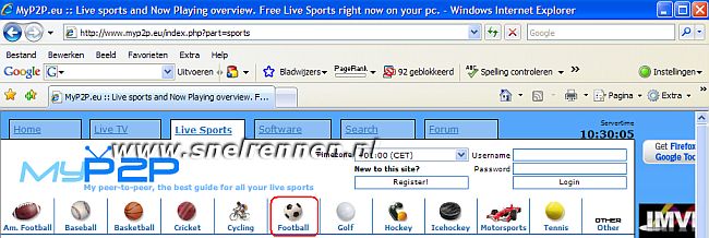 selecteer de tab Footbal bij myp2p.eu