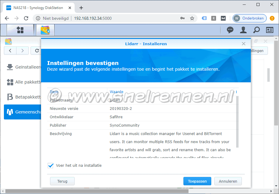 Synology Package Center, Lidarr Instellingen Bevestigen