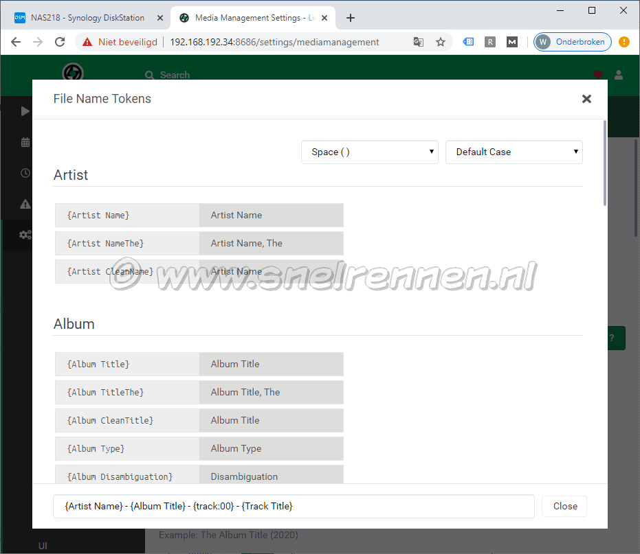 Lidarr settings menu, Media Management, File Name Tokens