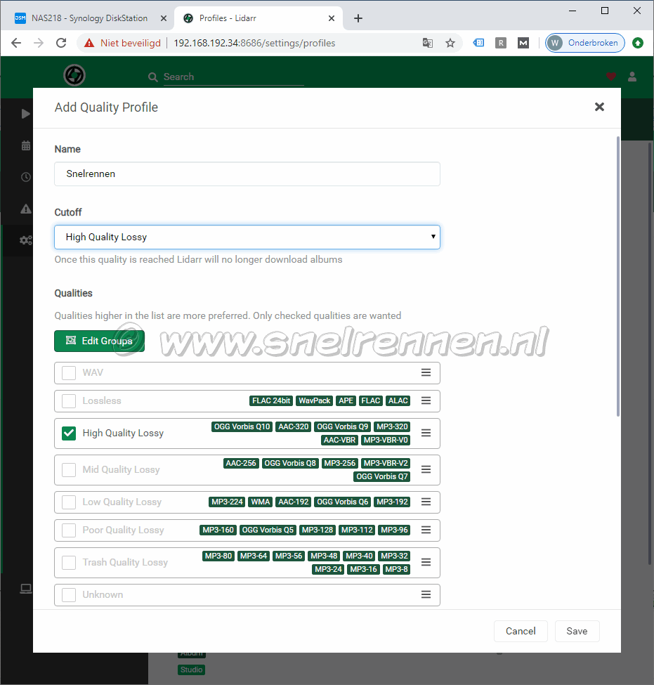 Lidarr settings menu, Add Profiles