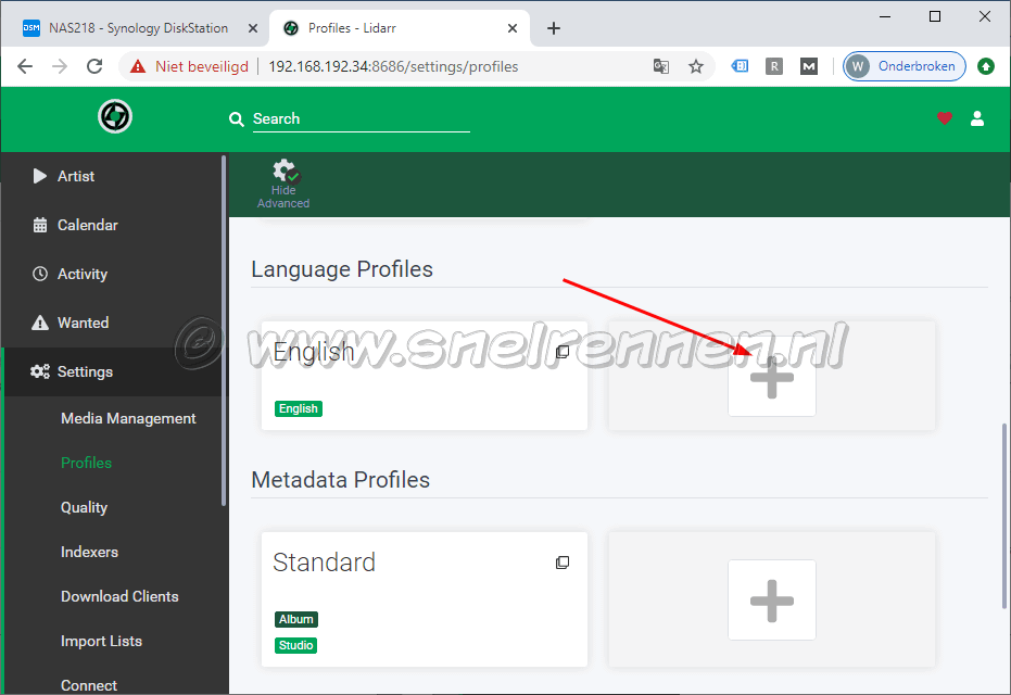 Lidarr settings menu, Languages Profiles