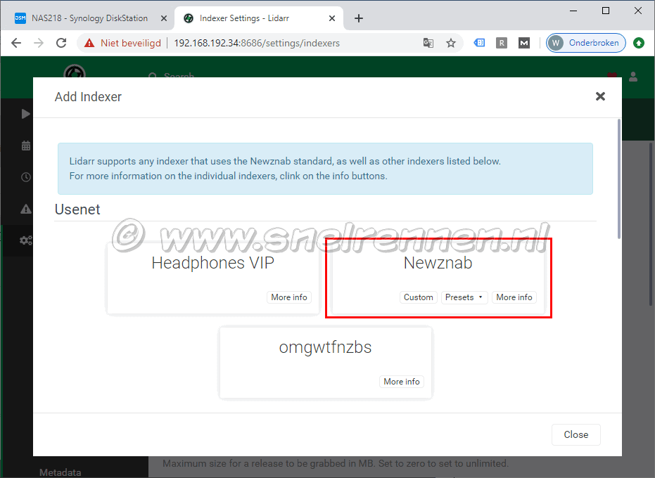 Lidarr settings menu, Add Indexers