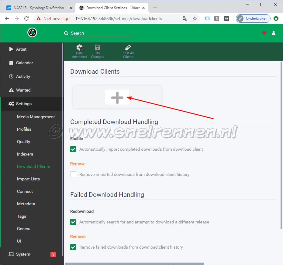 Lidarr settings menu, Download Clients