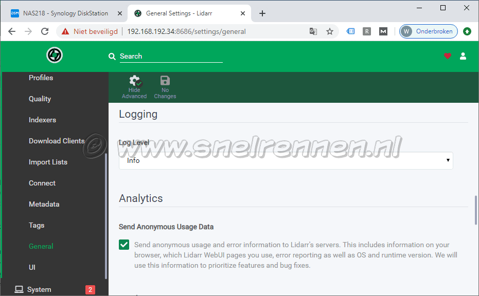 Lidarr settings, tablad general: Logging