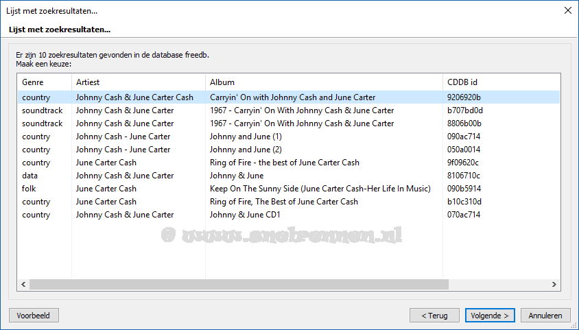 FreeDB, lijst met zoekresultaten