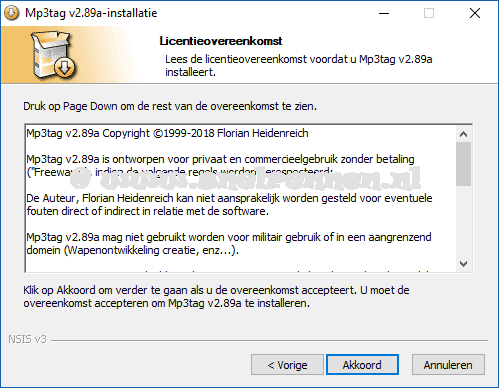 Mp3tag installatie,  v2.89a licentieovereenkomst