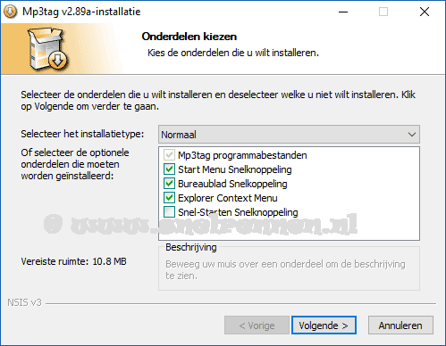 Mp3tag installatie,  v2.89a onderdelen kiezen