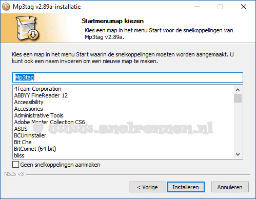 Mp3tag installatie,  v2.89a startmenumap kiezen