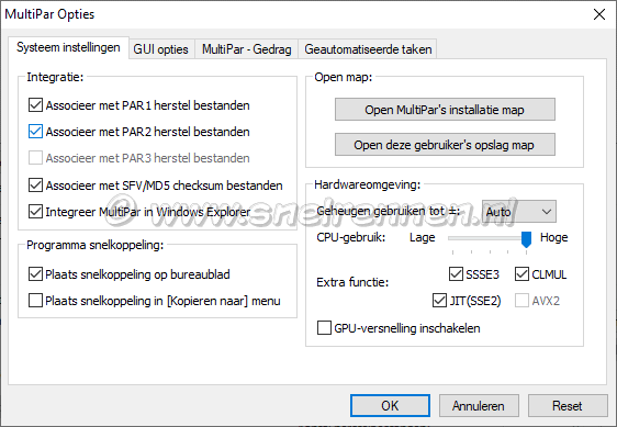 MultiPar, Opties - Sysyteem instellingen