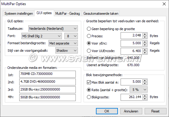 MultiPar, Opties - GUI opties