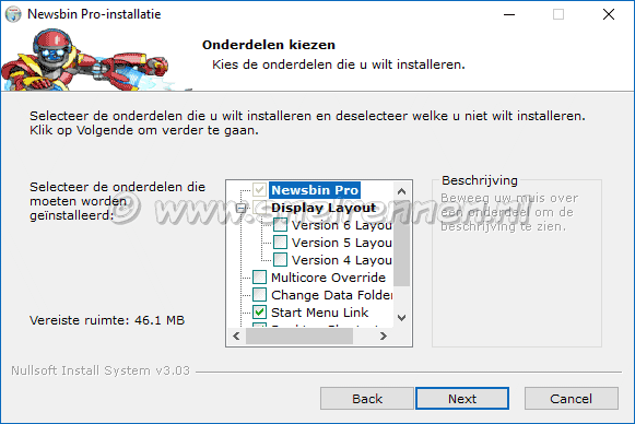 NewsBin Pro setup, onderdelen kiezen