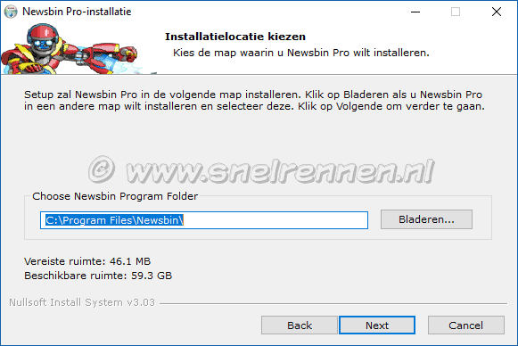 NewsBin Pro setup, installatie locatie kiezen