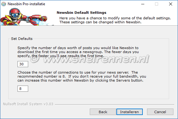 NewsBin Pro setup, newsbin default settingd