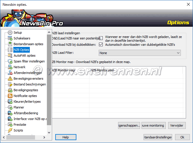 Newsbin Pro, tabblad NZB opties