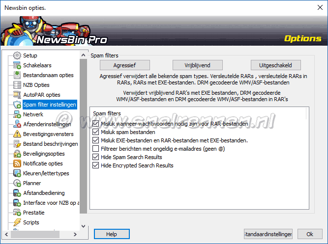 NewsBin Pro, spam filter instellingen