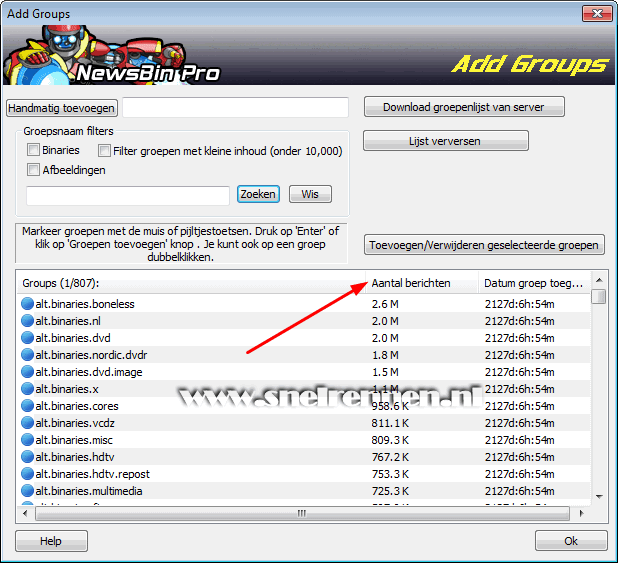 NewsBin Pro, nieuwsgroepen toevoegen
