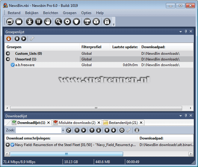 NewsBin Pro, het downlopaden van de geselecteerde bestanden