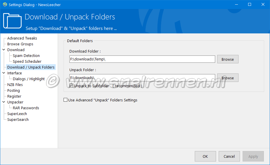 NewsLeecher Settings. Download / Unpack Folders