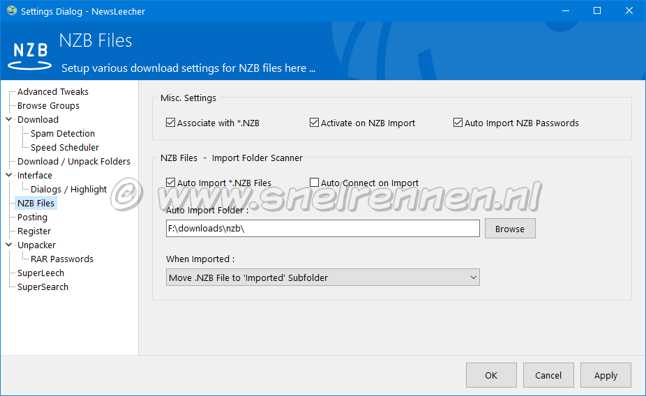 NewsLeecher Settings. NZB Files