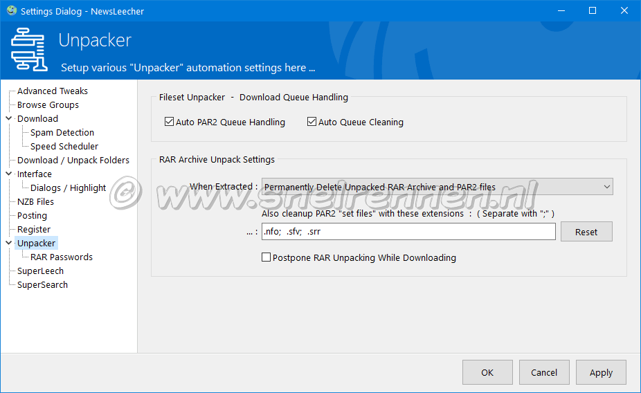 NewsLeecher Settings. Unpacker