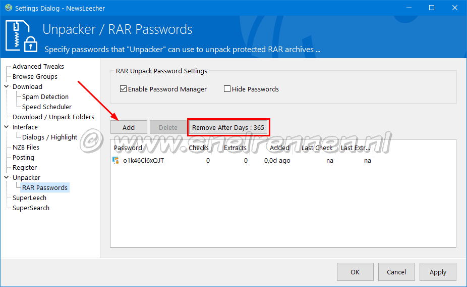 NewsLeecher Settings. Unpacke, RAR Passwords