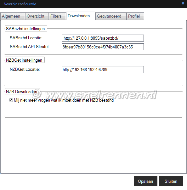 Newzbin configuratie, tabblad Downloaden
