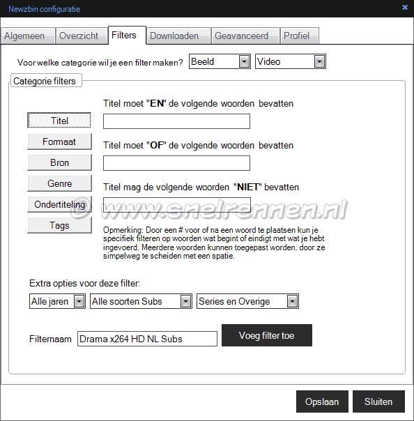 Newzbin configuratie, filters, tabblad Titel