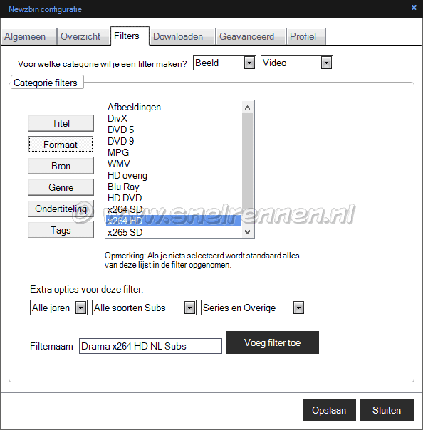 Newzbin configuratie, filters, tabblad Formaat