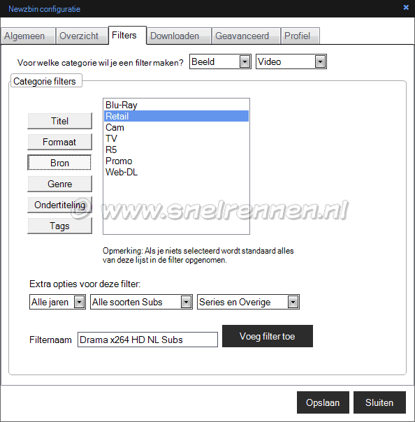 Newzbin configuratie, filters, tabblad Bron