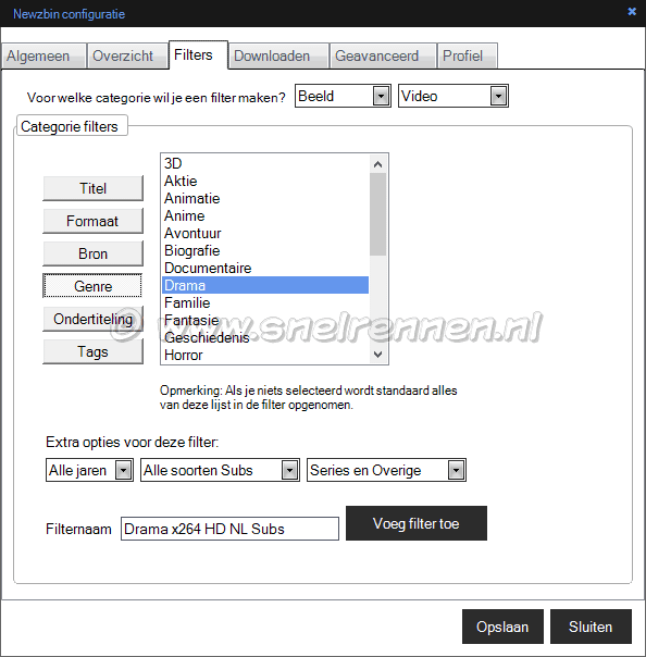 Newzbin configuratie, filters, tabblad Genre