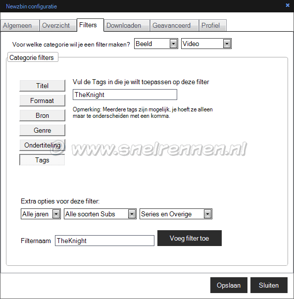 Newzbin configuratie, tag aanmaken