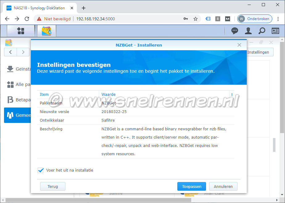 NZBGet, kon de pakket service niet uitvoeren