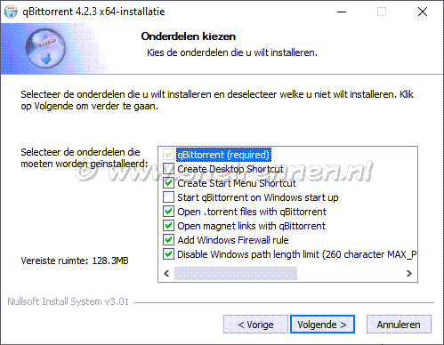 qBittorrent, onderdelen kiezen