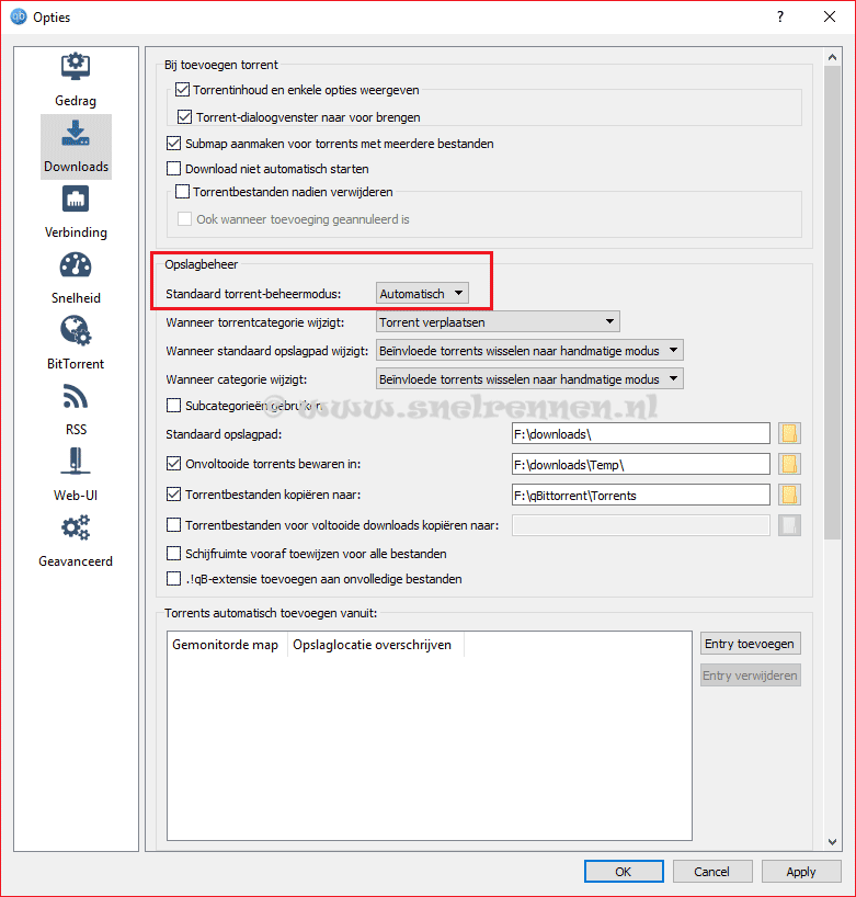 qBittorrent configureren, tabblad downloads