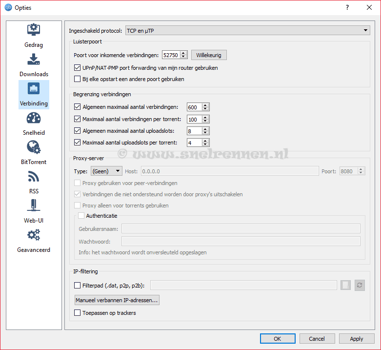 qBittorrent configureren, tabblad verbinding