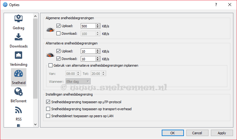 qBittorrent configureren, tabblad snelheid