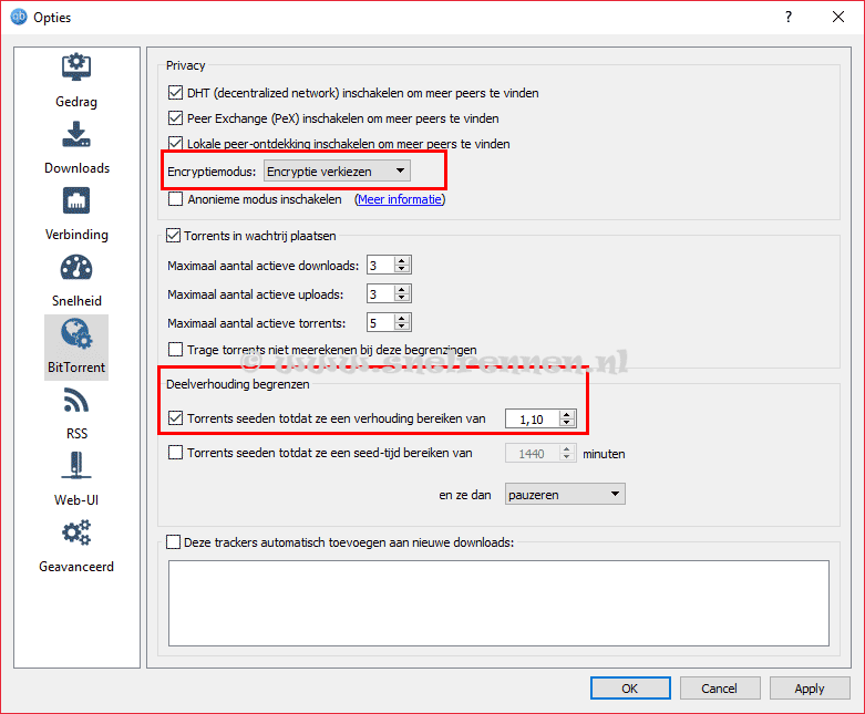 qBittorrent configureren, tabblad bittorrent