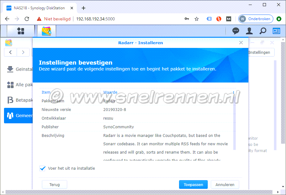 Radarr installeren, instellingen bevestigen