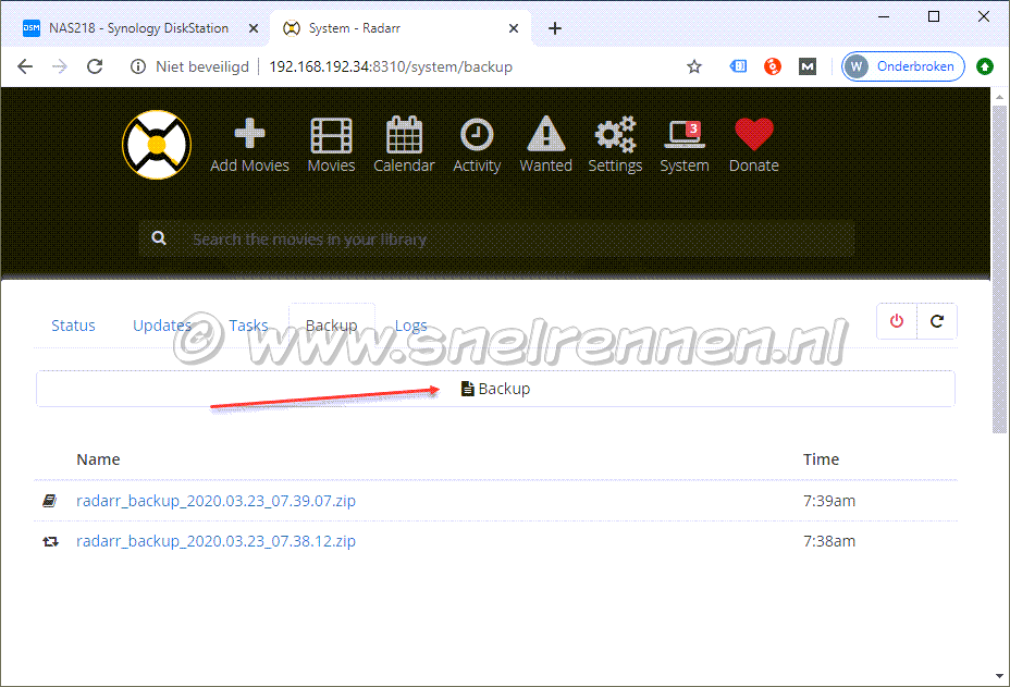 Radarr, back-up van je installatie maken