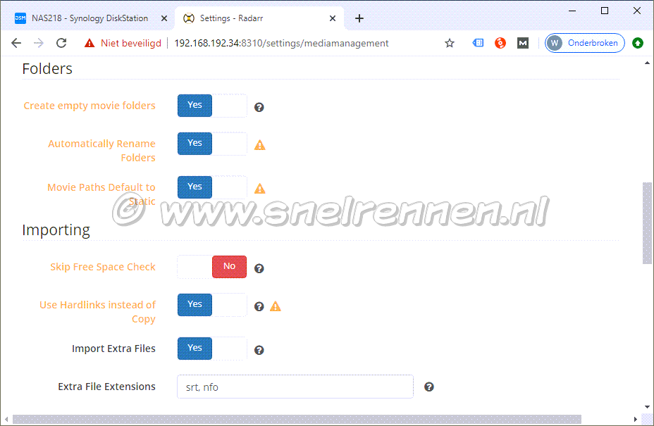 Radarr settings, folders en importing