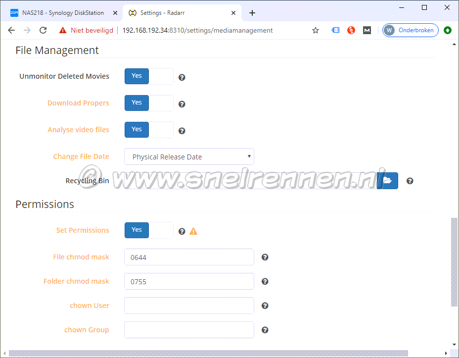 Radarr settings, file management en permissions