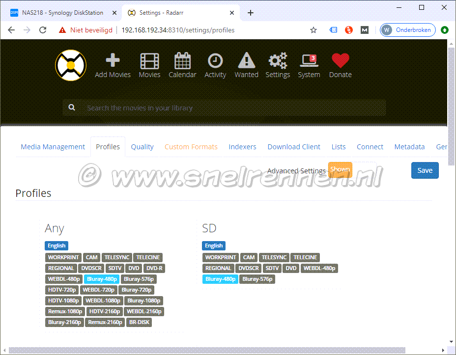 Radarr settings, Profiles