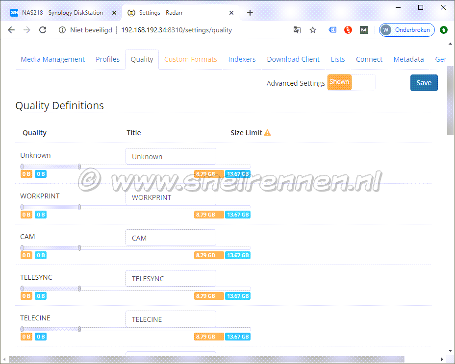 Radarr settings, tabblad quality